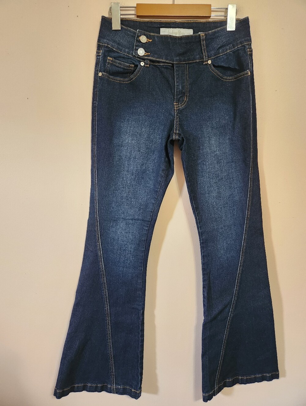 Indigo Rein Curvy Flare Jeans Double Button Front Seam Dark Wash Y2K Aesthetic